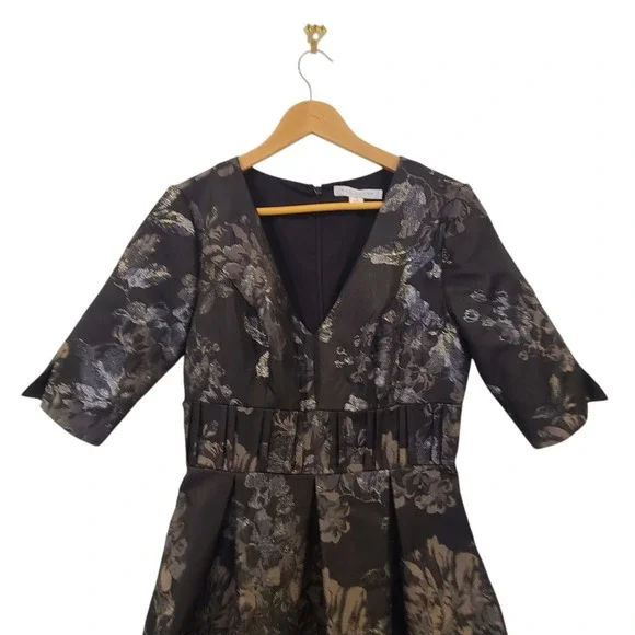 NWT Kay Unger Dress Womens 6 Tall Stella Gown Black Floral Metallic Sleeves Maxi - Picture 3 of 9